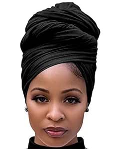 Harewom Black Hair Wrap for Women Long Stretch Jersey Head Scarf Summer Breathable Lightweight Turban Solid Color