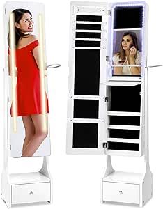 Best Choice Products Full Length Standing LED Mirror, Jewelry & Makeup Storage Cabinet Armoire w/Interior & Exterior Lights, Lockable Magnet Door, Touchscreen, Velvet Lining, Shelves, Drawer - White