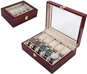 Watch Box Organizer Wooden 10 Grid Watch Case for Men Luxury Watch Display Case with Large Glass Window Watch Display Boxes