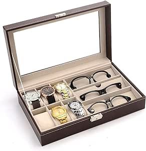 Eyewear Frames Leather 6 Watch Box Jewelry Case and 3 Piece Eyeglasses Storage and Multi Sunglass Glasses Display Case Organizer for Women Men Display Stands (Color : Black) (Brown)