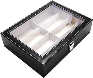 8 Slots Watch Box Mens Black Leather Display Glass Top Eyeglasses Sunglasses Display Case Box Faux Leather Jewelry Case Organizer Watch Display Boxes