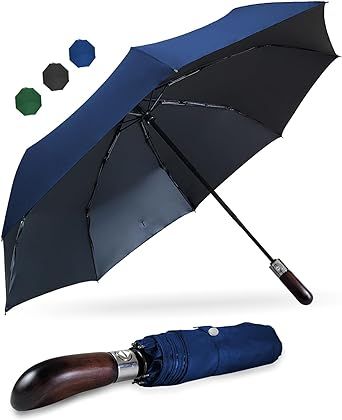 ALFROTEY Compact Travel Umbrella with Real Wood Ergonomic Handle Portable Automatic Open and Close Windproof Umbrella for Rain Small Folding Car Umbrella (Navy Blue, M)