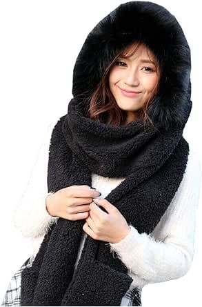 Winter Warm Women Hoodie Hat/Scarf/Gloves Set Soft Plush Thick Warm Hat