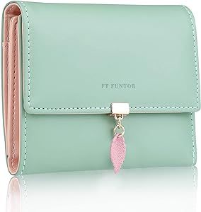 FT FUNTOR RFID Wallets for Women, Leaf Card Holder Trifold Ladies Wallets Coins Zipper Pocket with ID Window Green