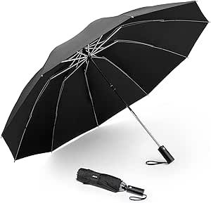 G4Free Large Umbrella 54 Inch Windproof Travel Umbrellas for Rain, Small folding Compact Reverse Umbrella with 10 Ribs Automatic Open Close (Black)