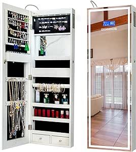 KEDLAN Upgraded Jewelry Organizer with Bluetooth Speaker, Wall/Door Mounted Jewelry Armoire, Full Length Lighted Mirror with Jewelry Cabinet,Jewelry Box with Time and Temperature Display