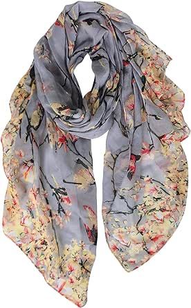 GERINLY Scarfs for Women Lightweight Floral Birds Print Cotton Scarves and Wraps for Winter Shawl