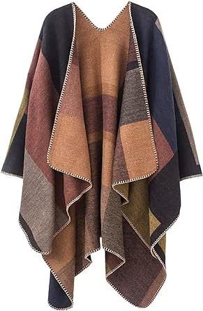 KirGiabo Women's Plaid Sweater Poncho Cape Coat Open Front Blanket Shawls and Wraps