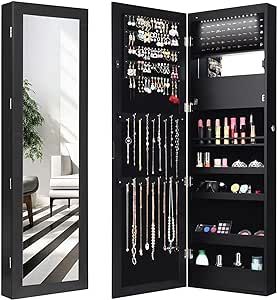 Giantex LED Jewelry Cabinet Wall Mounted Door Hanging, Lockable Jewelry Armoire with 47.2'' Full Length Mirror, Foldable Makeup Tray, Lipstick Brush Holders, Jewelry Storage Organizer (Black)