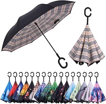 Wxjiahetai Inverted Reverse Umbrella with C-shaped Handle Windproof Upside Down Umbrellas for Rain Double Layer Hands Free Umbrella for Women and Men