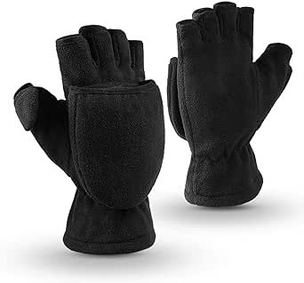 OZERO Winter Gloves Fingerless Convertible Mittens Thermal Polar Fleece Insulated Lining Windproof Warm for Men Women Black