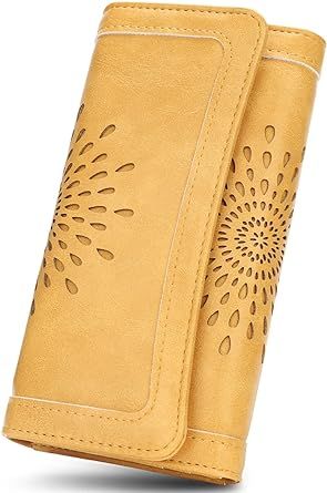 APHISON Womens Wallets RFID Blocking Leather Clutch Long Wallet for Women Card Holder Phone Organizer Ladies Travel Purse Hollow Out Sunflower Design Gift