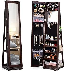 TWING 360° Rotating Jewelry Armoire with Full Length Mirror, Revolving Full Body Mirror Makeup Jewelry Cabinet Standing Jewelry Organizer Holder,Large Jewelry Box Velvet Interior, Christmas Gift,Brown