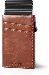 TOYFID Pop up Slim Wallet for Men RFID Blocking Minimalist Metal Card Holder Case Leather Wallet Christmas Gifts (Brown)
