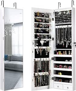 Giantex Wall Door Jewelry Armoire Cabinet with Full-Length Mirror, 2 LEDs Lockable Large Storage Jewelry Organizer with 47.5'' Mirror, Bracelet Rod, Jewelry Armoires with 2 Drawers (White)