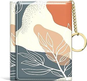 Rouidr Womens Wallet, Small Slim RFID Card Wallets, Trifold Leather Card Wallet Organizer, Cute Front Pocket Wallets with 7 Card Slots & ID Window(Abstract Boho Leaves)