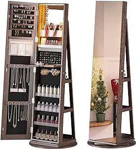 HNEBC 360° Rotating Jewelry Cabinet with Lights, 63"H Standing Jewelry Armoire with Rotatable Full Length Mirror with Jewelry Storage, Lockable Lagre Jewelry Organizer Stand for Christmas Gift (Brown)