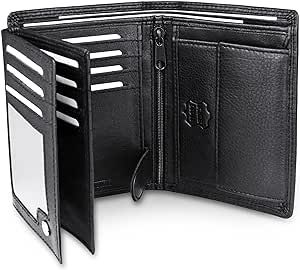 Frentree® Mens Nappa Leather Wallet, 15 card slots Trifold with RFID Protection, portrait format Wallet, Black
