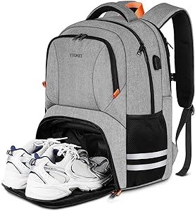 Ytonet Gym Backpack For Men Women, Travel With Shoe Compartment USB Charging Port, Water Resistant Medical Laptop Fit 15.6 Inch Notebook, Camping, Hiking, College, Grey