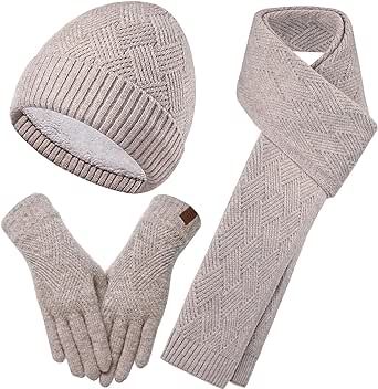 REACH STAR Womens Winter Warm Beanie Hat Touchscreen Gloves Scarf Set with Soft Fleece Lined 3 In 1 Set for Cold Weather