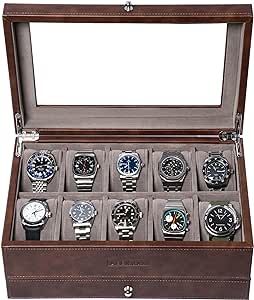 BEERUST 10 Slot Leather Watch Box Organizer for Men - Display Case with Valet Drawer - Ideal for Large Wrist Watches and Jewelry