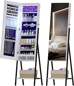 Lvifur LED Jewelry Armoire Freestanding, 42'' Full Length Mirror Large Capacity Jewelry Organizer Armoire with 8 LEDs, Lockable Floor Standing Mirror All in One for Bedroom (42'' White)