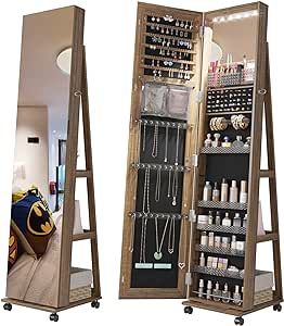 Lvifur 360° Rotating 64'' Jewelry Armoire with 6 LEDS, Full Length Mirror Large Capacity Jewelry Organizer Armoire, Lockable Floor Standing Mirror with 4 rollers for Bedroom, Cloakroom