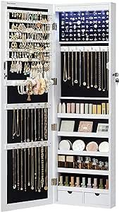 SONGMICS 6 LEDs Mirror Jewelry Cabinet, 47.2-Inch Tall Lockable Wall or Door Mounted Jewelry Armoire Organizer with Mirror, 2 Drawers, 3.9 x 14.6 x 47.2 Inches, Christmas Gifts, White UJJC93W