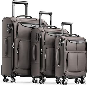 SHOWKOO Luggage Sets 3 Piece Softside Expandable Lightweight Durable Suitcase Sets Double Spinner Wheels TSA Lock Light Coffee (20in/24in/28in)-?­