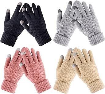 Winter Gloves for Women - 4 Pairs Touchscreen Gloves for Women Cold Weather, Fashion Knit Mittens Warm Winter Gloves Elastic Knit Gloves with Thickened Wrist Cuff, Mittens/Gloves For Cold Weather