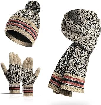 ecodudo Snowflake Print Beanie Hat Scarf Touch Screen Gloves Set with Pom for Women