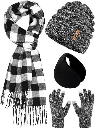 Aneco Winter Warm Knitted Sets Buffalo Plaid Scarf Beanie Hat Touch Screen Gloves and Winter Ear Warmer Set for Men or Women