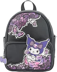 AI ACCESSORY INNOVATIONS Hello Kitty Kuromi Mini PU Backpack Purse, Kawaii Shoulder Bag with Epoxy Filled Metal Bow w/Skull Charm, 10.5 Inch, Anime Travel Bag, Faux Leather