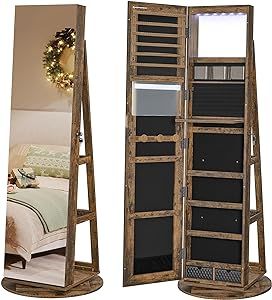SONGMICS 6 LEDs Lockable Mirror Jewelry Cabinet, 360° Swivel Jewelry Organizer, Standing Jewelry Armoire, Frameless Full-Length Mirror, 3 Storage Shelves, Christmas Gifts, Rustic Brown UJJC007X01