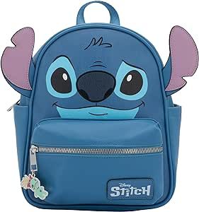 DISNEY Stitch Big Face Mini PU Backpack Purse, Shoulder Bag with Epoxy Filled Metal Scrump Charm, 10.5 Inch, Adjustable Straps, Faux Leather