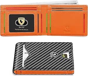 GSOIAX Slim Wallet for Men with 11 card Slots Rfid Blocking Carbon Fiber wallets Bifold Credit Card Holder Minimalist Leather With Gift Box (Carbon Black and Orange)