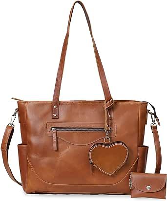 C CUERO Women's Genuine Leather Tote Purse Bag, Top Satchel Purses and Handbags, Shopping Bag With Heart Wallet and Small Coin Pouch