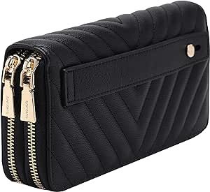 B BRENTANO Vegan Leather Double Zipper Pocket Wallet with Grip Hand Strap (Chevron Embroidered Black)