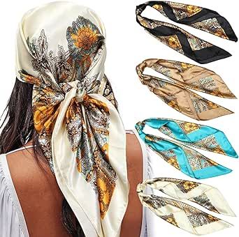 AWAYTR 35” Satin Large Square Head Scarves - 4PCS Silk Like Neck Scarf Hair Sleeping Wraps Satin Silk Scarfs for Women