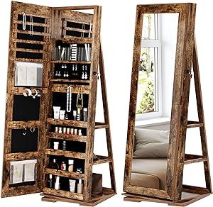 SDHYL Mirror Jewelry Cabinet, 360° Rotating Full Length Mirror with Storage Standing Mirror with Jewelry Storage, Jewelry Holder Organizer Makeup Storage with Lock for Girls, 63"x15", Rustic Brown